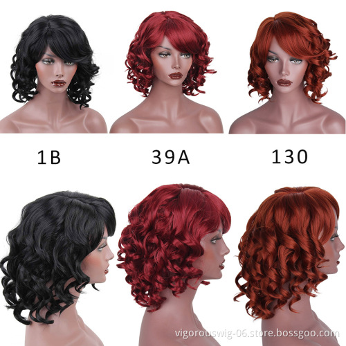 Vigorous Synthetic Curly Wave Wig Heat Resistant Natural Black Bob Style Wig with Inclined Bangs for Women Daily Party
